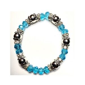Stretch Bracelet Aqua Blue Silver Beaded Rhinestone OS Boho Glam